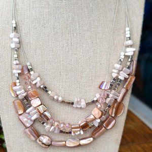 90's Multi Strand Layer Mother of Pearl  Square Bead Necklace Silver Tone Chain